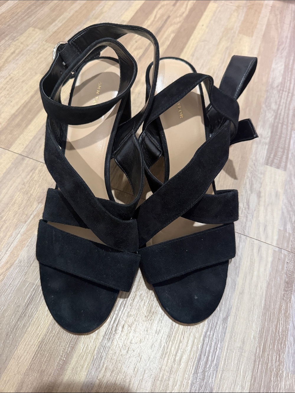 Ann Taylor Black Suede Crisscross Block Heel Sandals Size 10
